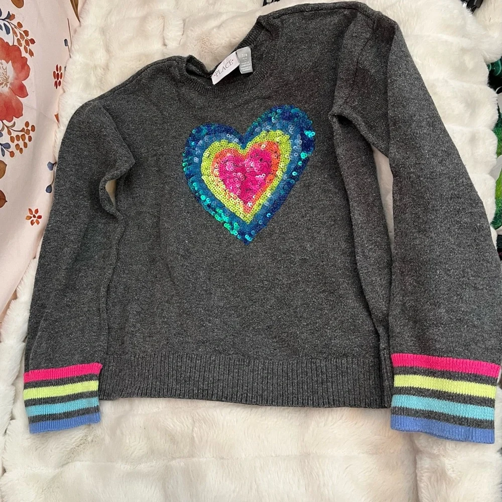 Place Girls 7/8 Grey Rainbow Heart Sequin Spring Colorful Top School Fall Winter